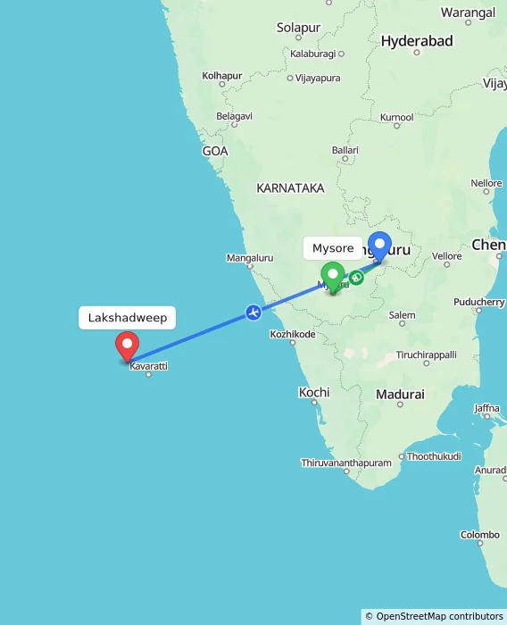 Route map showing distance and travel time from Mysore, India to Lakshadweep, India
