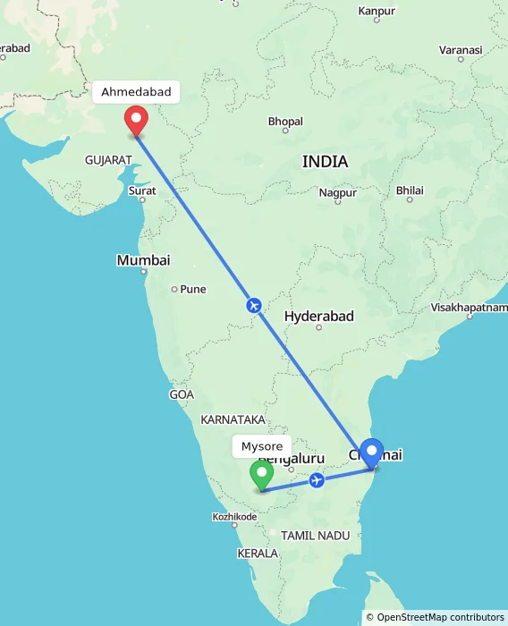 Route map showing distance and travel time from Mysore, India to Ahmedabad, India