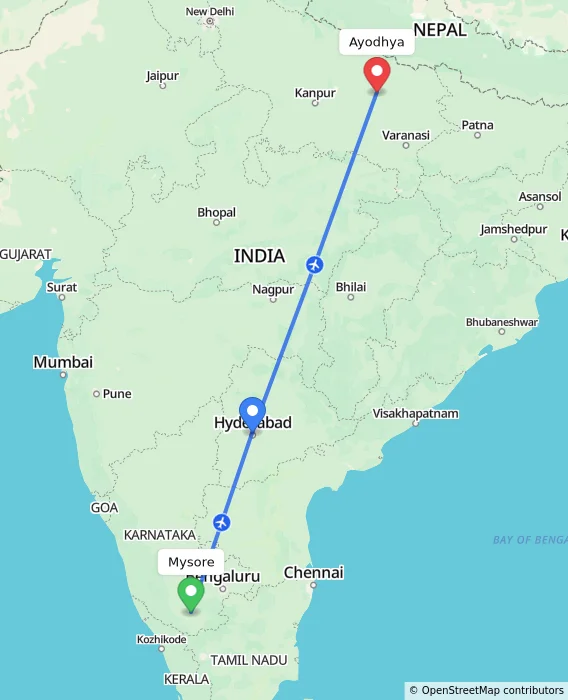 Route map showing distance and travel time from Mysore, India to Ayodhya, India