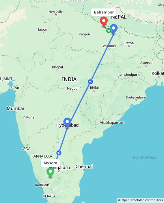 Route map showing distance and travel time from Mysore, India to Balrampur, India