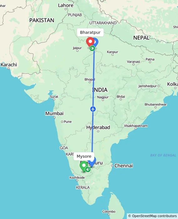 Route map showing distance and travel time from Mysore, India to Bharatpur, India