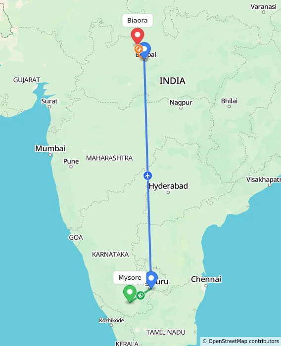 Route map showing distance and travel time from Mysore, India to Biaora, India