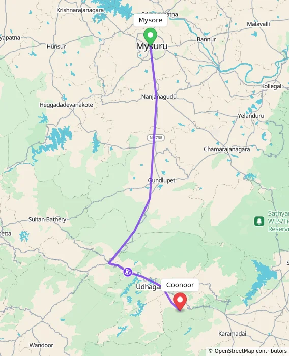 Route map showing distance and travel time from Mysore, India to Coonoor, India