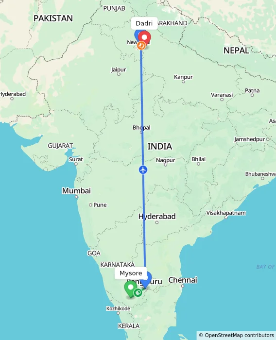 Route map showing distance and travel time from Mysore, India to Dadri, India