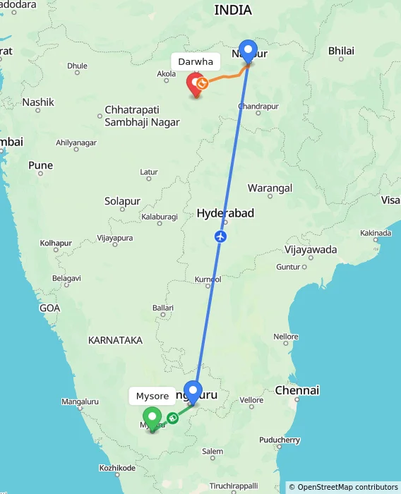 Route map showing distance and travel time from Mysore, India to Darwha, India