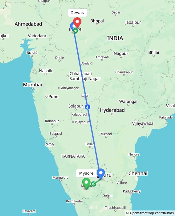 Route map showing distance and travel time from Mysore, India to Dewas, India