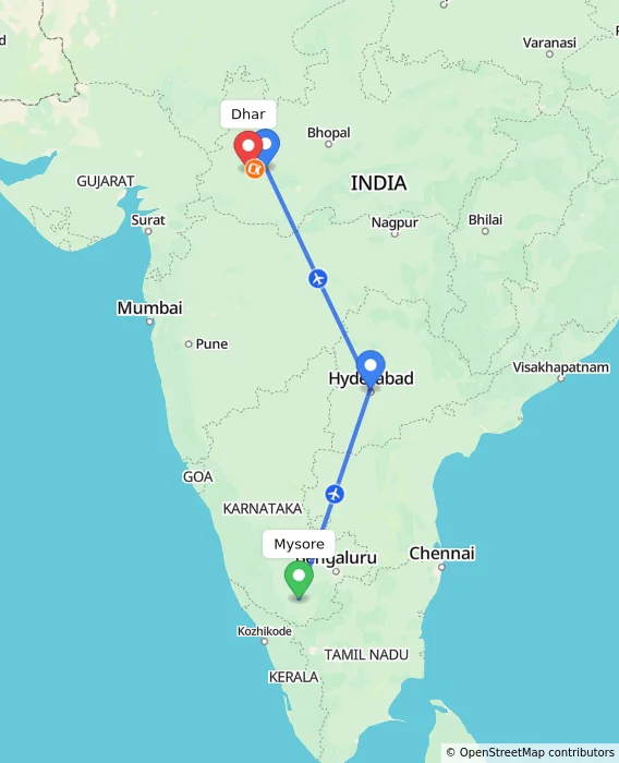 Route map showing distance and travel time from Mysore, India to Dhar, India