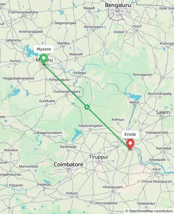 Route map showing distance and travel time from Mysore, India to Erode, India