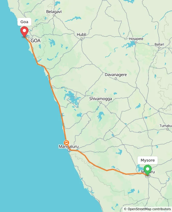 Route map showing distance and travel time from Mysore, India to Goa, India