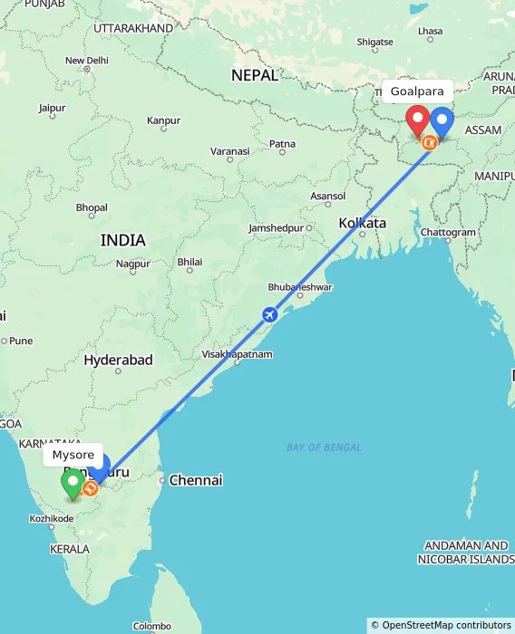 Route map showing distance and travel time from Mysore, India to Goalpara, India