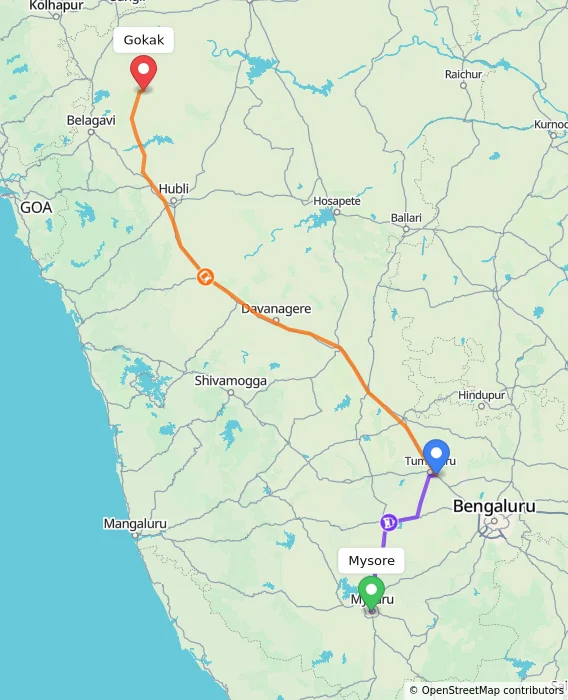 Route map showing distance and travel time from Mysore, India to Gokak, India