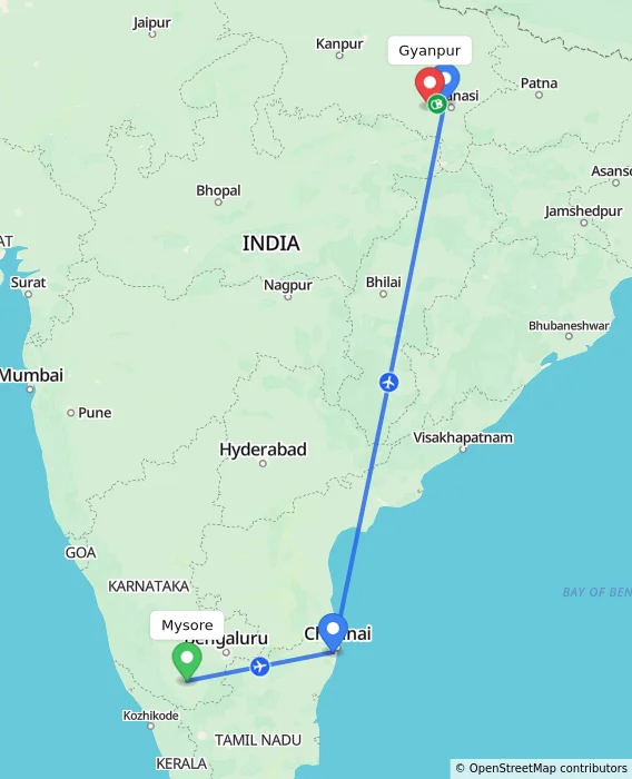 Route map showing distance and travel time from Mysore, India to Gyanpur, India