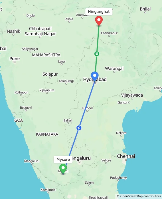 Route map showing distance and travel time from Mysore, India to Hinganghat, India