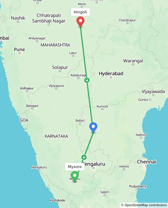Route map showing distance and travel time from Mysore, India to Hingoli, India