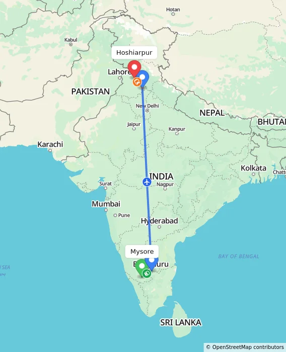 Route map showing distance and travel time from Mysore, India to Hoshiarpur, India