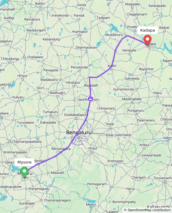 Route map showing distance and travel time from Mysore, India to Kadapa, India