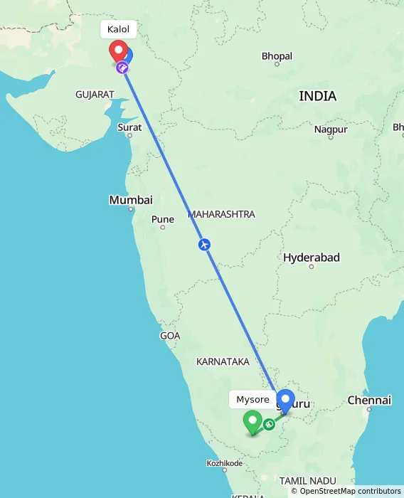 Route map showing distance and travel time from Mysore, India to Kalol, India