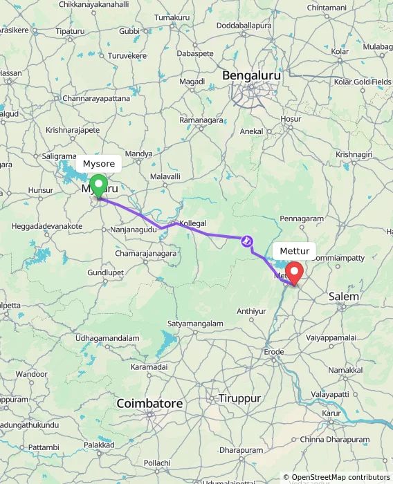 Route map showing distance and travel time from Mysore, India to Mettur, India