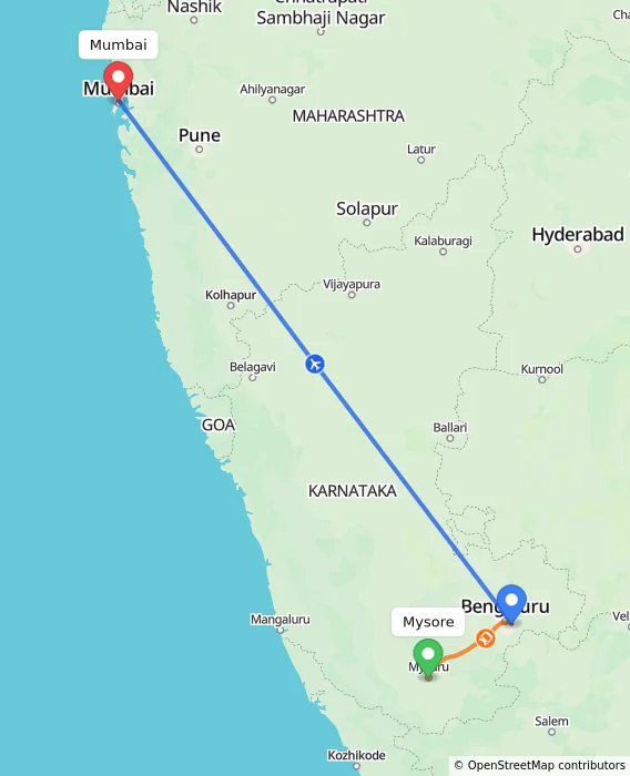Route map showing distance and travel time from Mysore, India to Mumbai, India