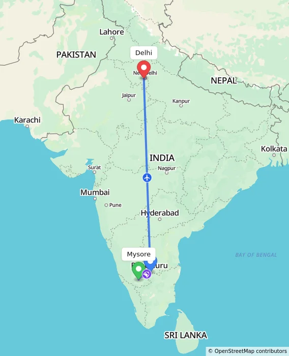 Route map showing distance and travel time from Mysore, India to Delhi, India
