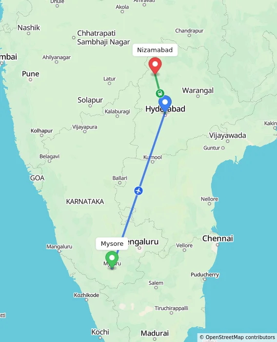 Route map showing distance and travel time from Mysore, India to Nizamabad, India