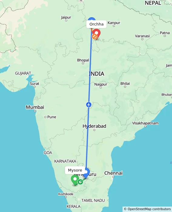 Route map showing distance and travel time from Mysore, India to Orchha, India