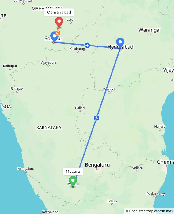Route map showing distance and travel time from Mysore, India to Osmanabad, India