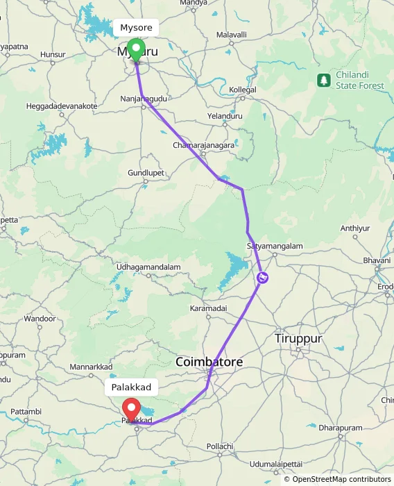 Route map showing distance and travel time from Mysore, India to Palakkad, India