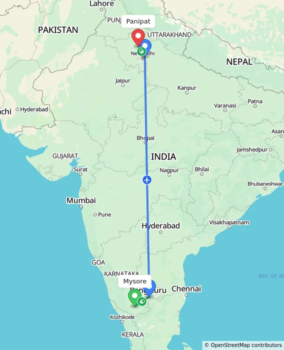 Route map showing distance and travel time from Mysore, India to Panipat, India