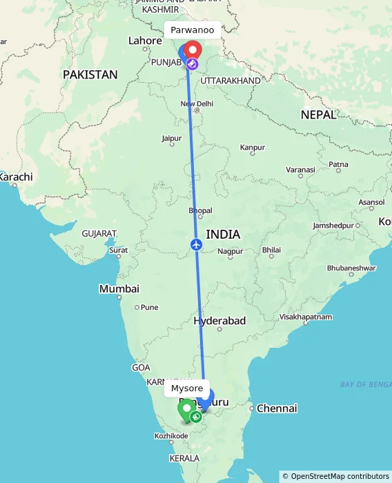 Route map showing distance and travel time from Mysore, India to Parwanoo, India