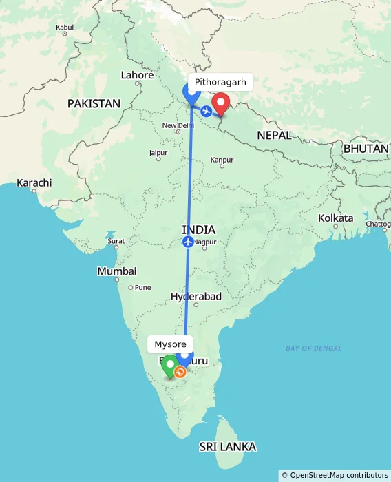 Route map showing distance and travel time from Mysore, India to Pithoragarh, India