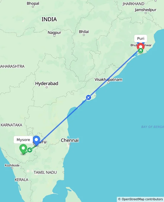 Route map showing distance and travel time from Mysore, India to Puri, India