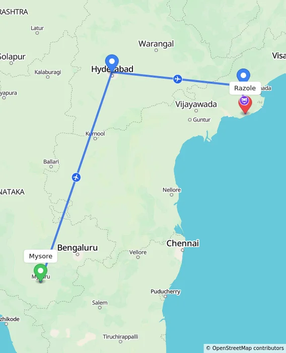 Route map showing distance and travel time from Mysore, India to Razole, India