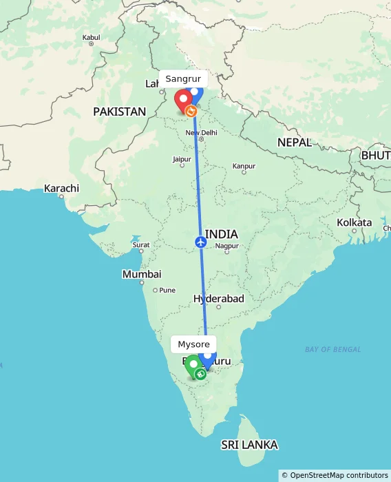 Route map showing distance and travel time from Mysore, India to Sangrur, India