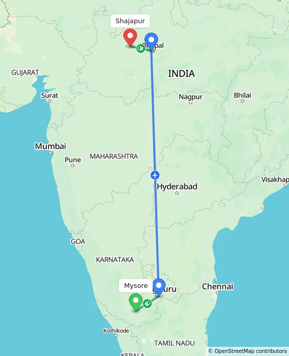 Route map showing distance and travel time from Mysore, India to Shajapur, India