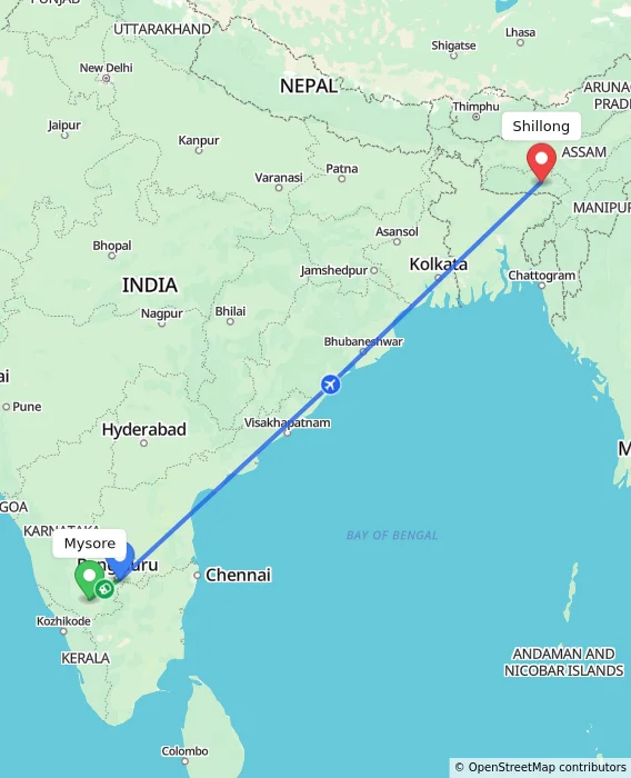 Route map showing distance and travel time from Mysore, India to Shillong, India