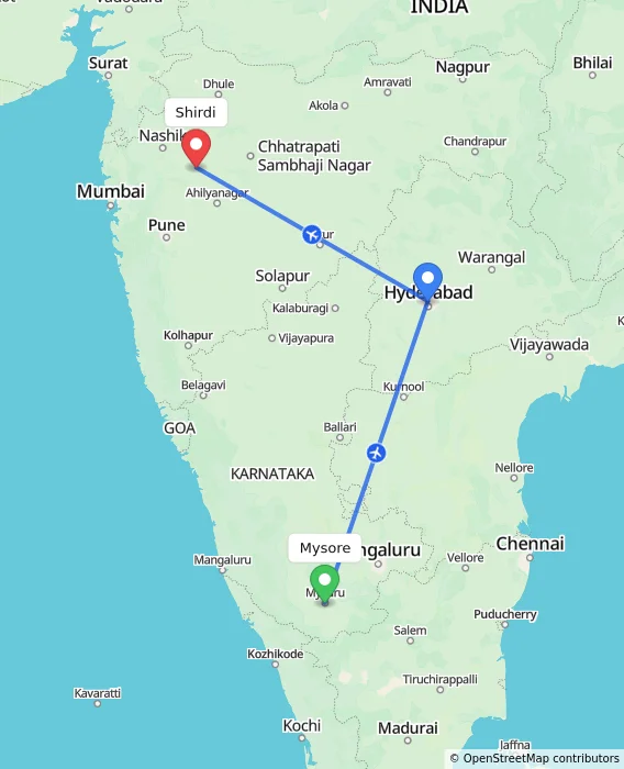 Route map showing distance and travel time from Mysore, India to Shirdi, India