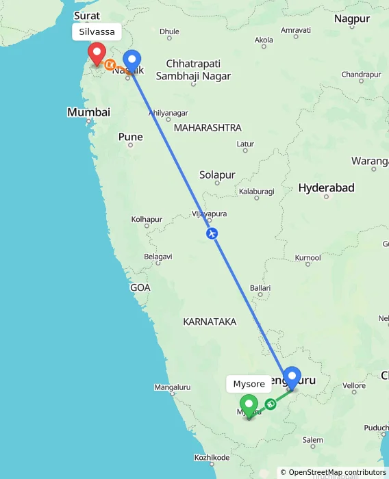 Route map showing distance and travel time from Mysore, India to Silvassa, India