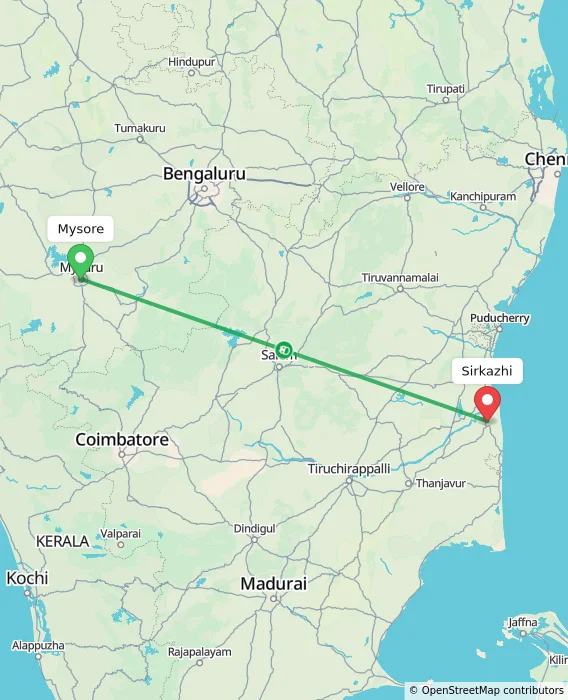 Route map showing distance and travel time from Mysore, India to Sirkazhi, India