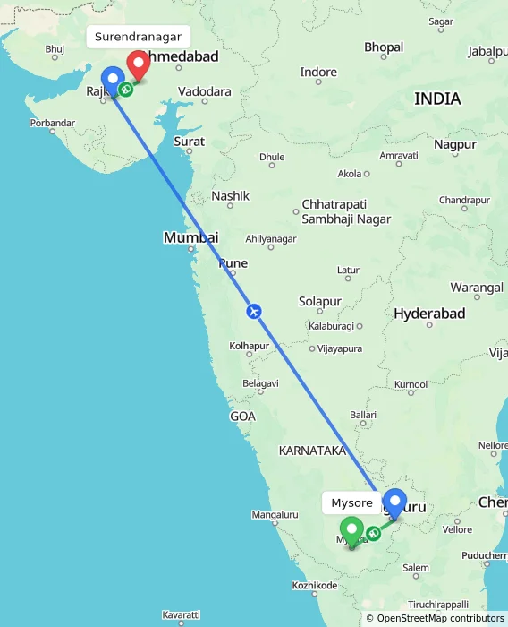 Route map showing distance and travel time from Mysore, India to Surendranagar, India