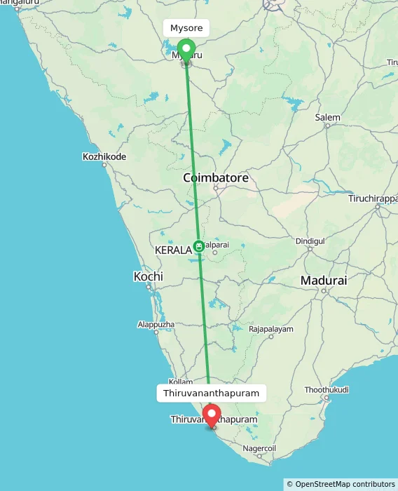 Route map showing distance and travel time from Mysore, India to Thiruvananthapuram, India