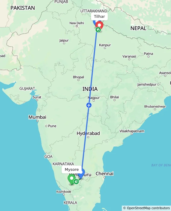 Route map showing distance and travel time from Mysore, India to Tilhar, India
