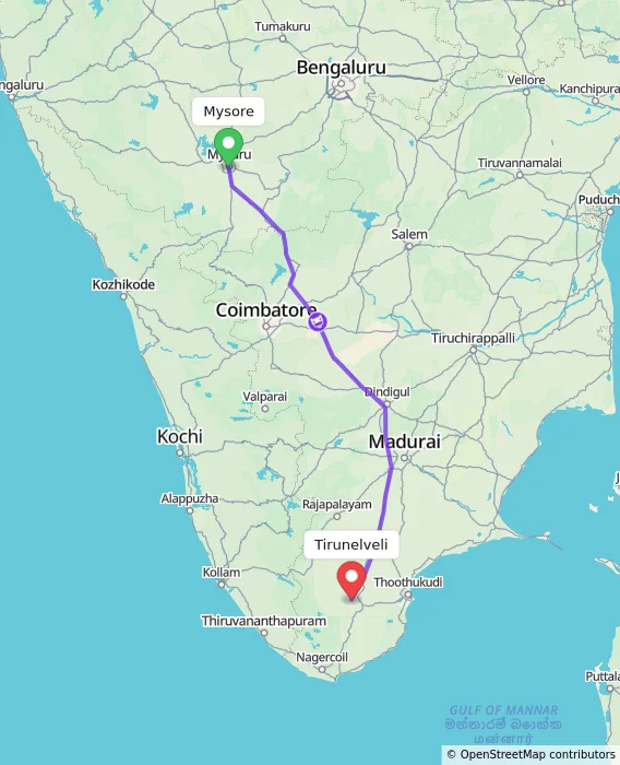 Route map showing distance and travel time from Mysore, India to Tirunelveli, India