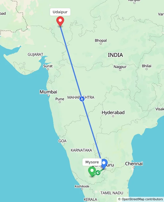 Route map showing distance and travel time from Mysore, India to Udaipur, India