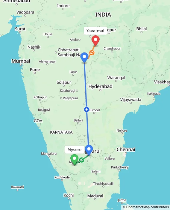 Route map showing distance and travel time from Mysore, India to Yavatmal, India