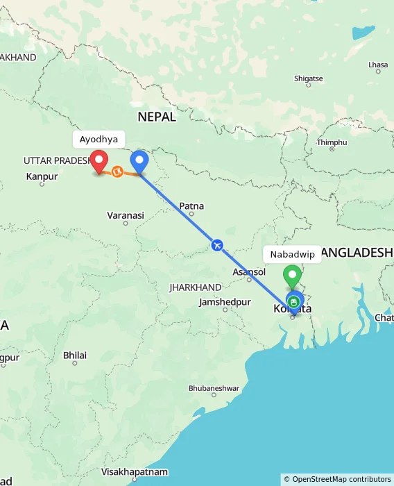 Route map showing distance and travel time from Nabadwip, India to Ayodhya, India