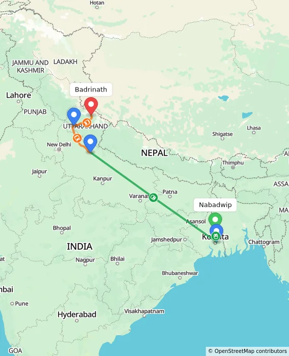 Route map showing distance and travel time from Nabadwip, India to Badrinath, India
