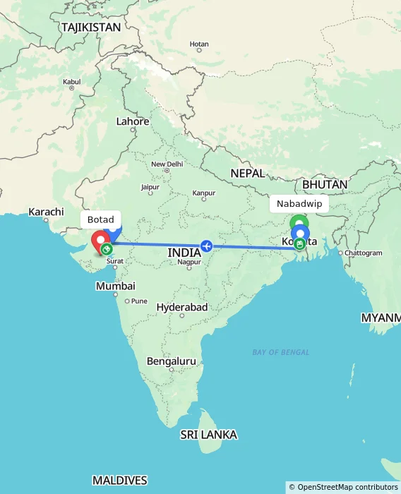 Route map showing distance and travel time from Nabadwip, India to Botad, India