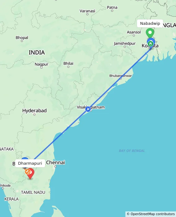 Route map showing distance and travel time from Nabadwip, India to Dharmapuri, India