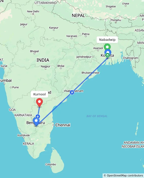 Route map showing distance and travel time from Nabadwip, India to Kurnool, India